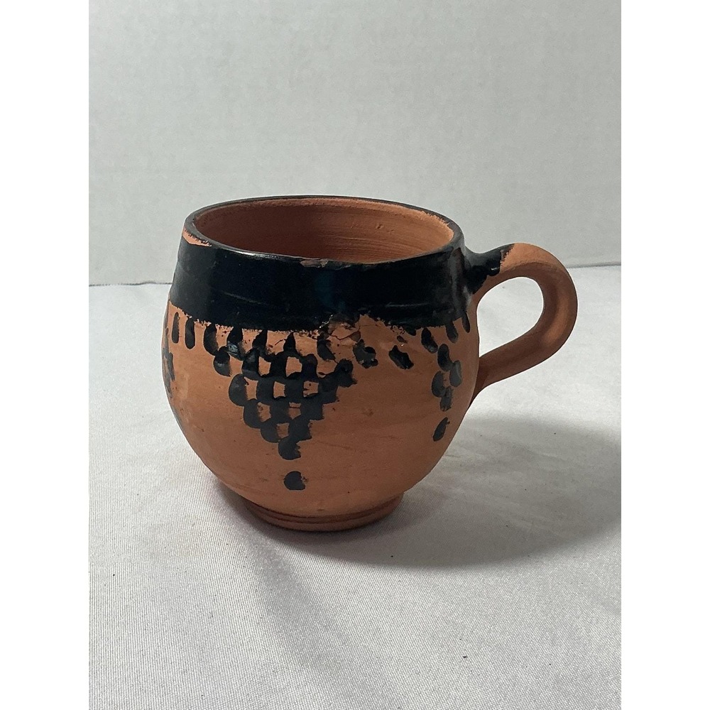Handmade Terracotta Clay Mugs Set of 2 Rustic Black Painted Folk Art Pottery